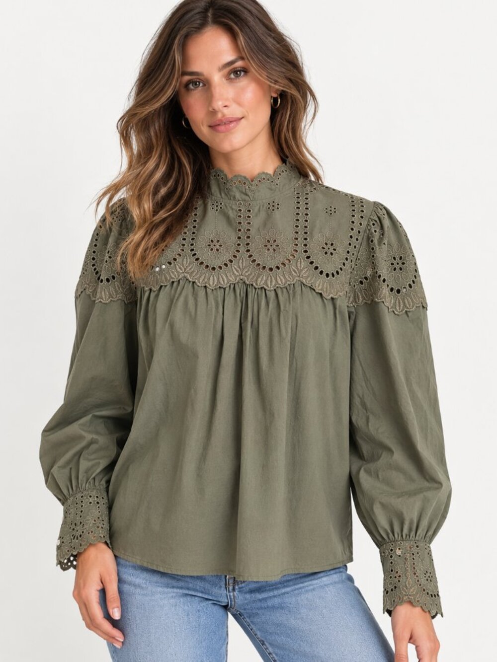 GAP Eyelet Blouse Womens L Olive Green 100% Cotton Victorian Prairie Top NWT